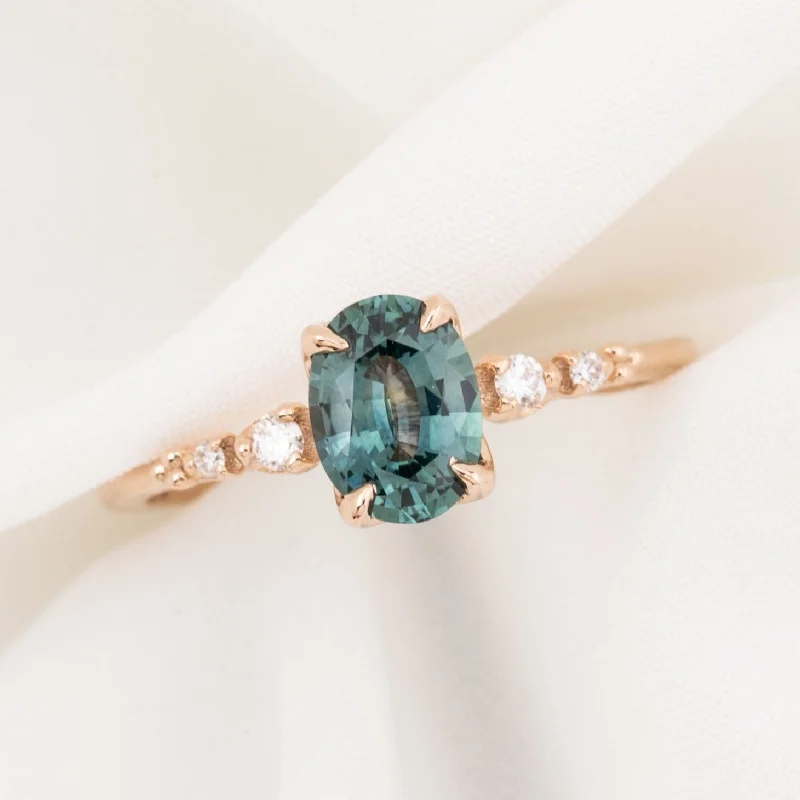 engagement rings for men with green diamonds-Estel Fleur Four Prongs Ring, 1.12ct Blue Green Montana Sapphire, 14k Rose Gold (One of a kind)