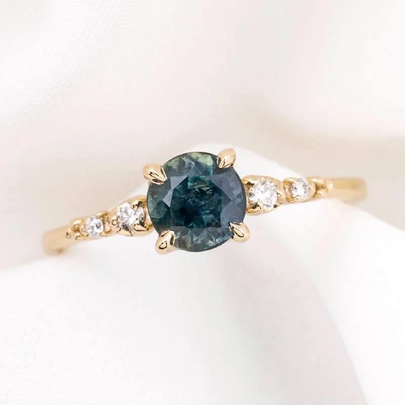 men’s gold wedding bands with diamonds and sapphires-Estel Fleur Four Prongs Ring, 1.15ct Deep Teal Blue Montana Sapphire, 14k Yellow Gold (One of a kind)