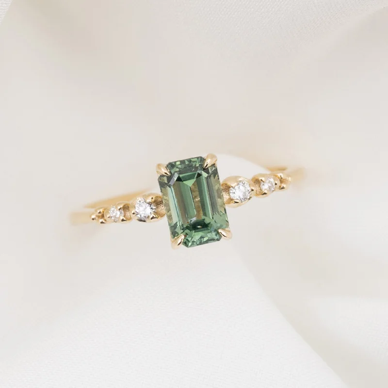 engagement rings with custom-cut sapphire centers-Estel Fleur Four Prongs Ring, 1.34ct Green Madagascar Sapphire, 14k Yellow Gold (One of a kind)