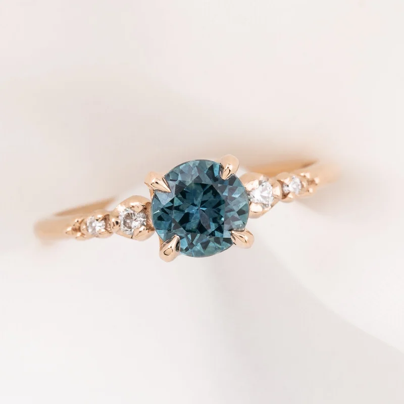 custom-designed diamond engagement rings for women-Estel Fleur Four Prongs Ring, Teal Blue Green Montana Sapphire, 14k Rose Gold (One of a Kind)