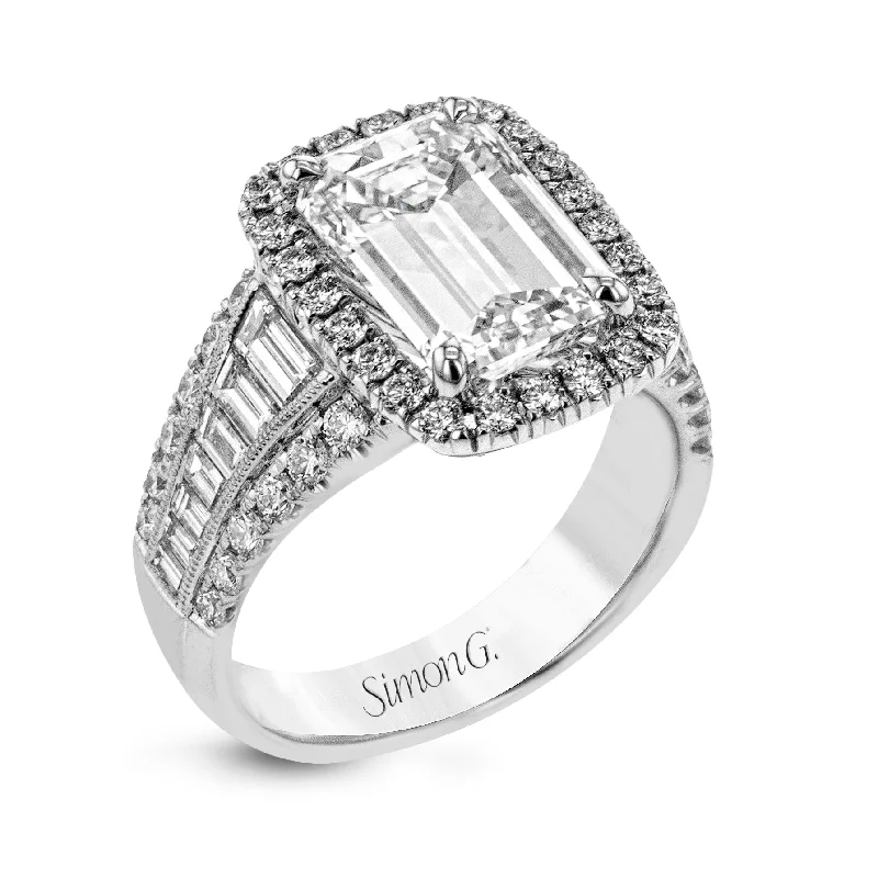 engagement rings with double bands for women-Emerald-Cut Halo Engagement Ring In 18k Gold With Diamonds