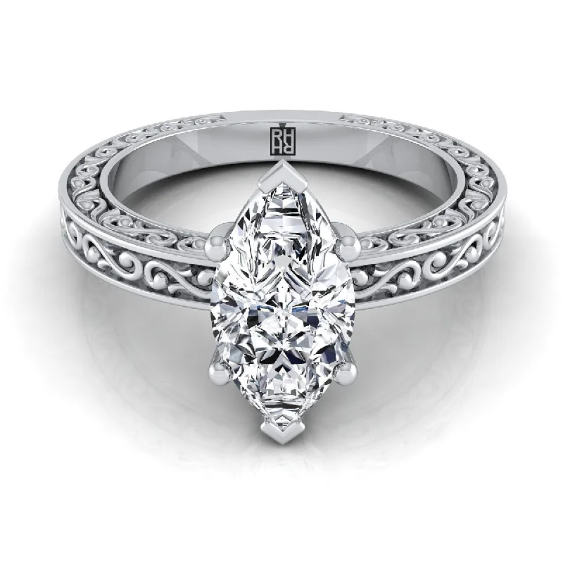 engagement rings with fancy cut diamonds-18K White Gold Marquise  Hand Engraved Scroll Vintage Solitaire Engagement Ring