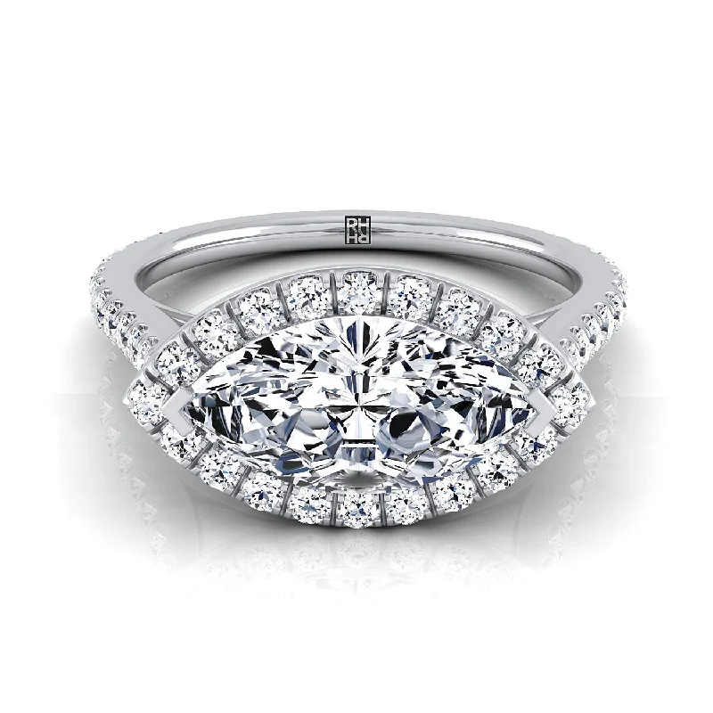 custom-designed wedding bands with diamonds-Platinum Marquise  Diamond Horizontal Fancy East West Halo Engagement Ring -1/2ctw