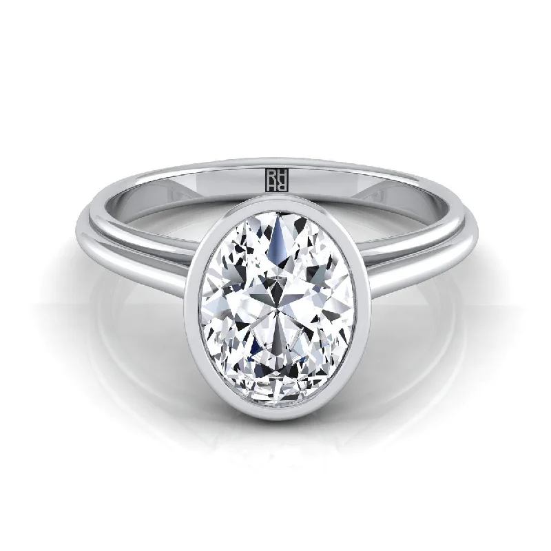 vintage rings for women with sapphire and diamond-18K White Gold Oval  Bezel Halo Cathedral Solitaire Engagement Ring