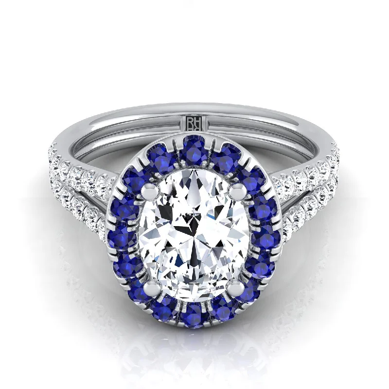 women’s engagement rings with oval sapphire centers-18K White Gold Oval  French Pave Split Shank Diamond Halo Engagement Ring -3/8ctw