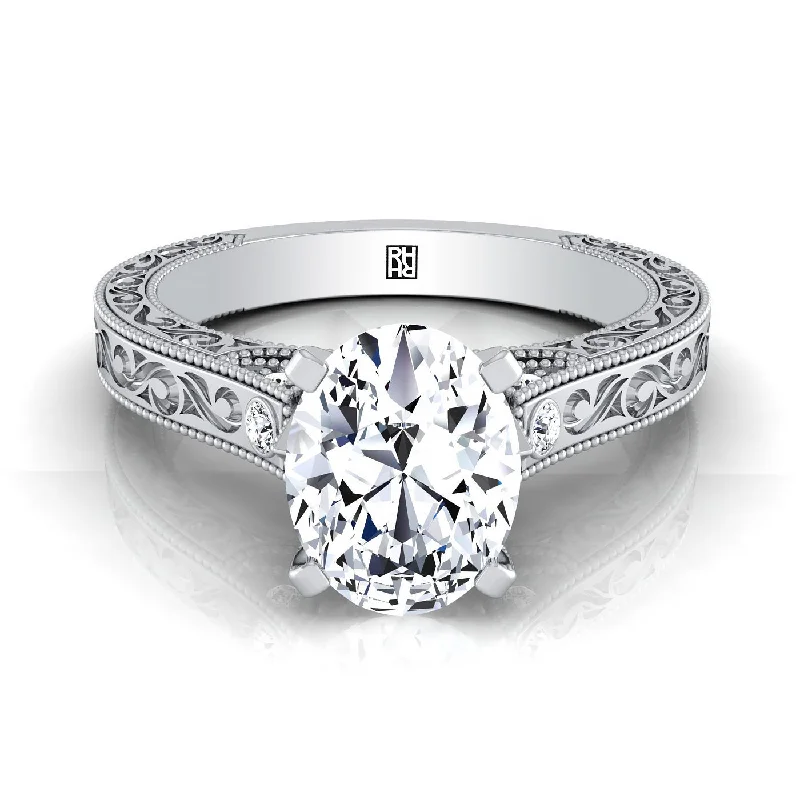 unique wedding rings with vintage finishes-Platinum Oval Delicate Diamond Accented Antique Hand Engraved Engagement Ring -1/10ctw