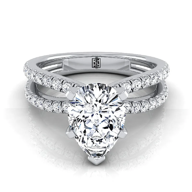 men’s platinum engagement rings with diamonds-Platinum Pear Shape Center Diamond Two Row Pavé Split Shank Engagement Ring -1/3ctw