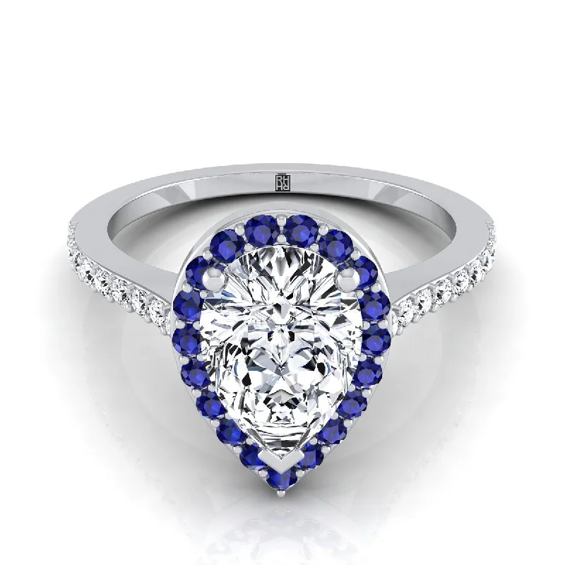 vintage engagement rings with diamond side stones-18K White Gold Pear Shape Center Classic French Pave Blue Sapphire Halo and Linear Engagement Ring -1/6ctw