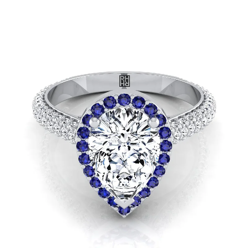 wedding rings with pear-shaped diamonds-18K White Gold Pear Shape Center Sapphire Micro-Pavé Halo With Pave Side Diamond Engagement Ring -7/8ctw