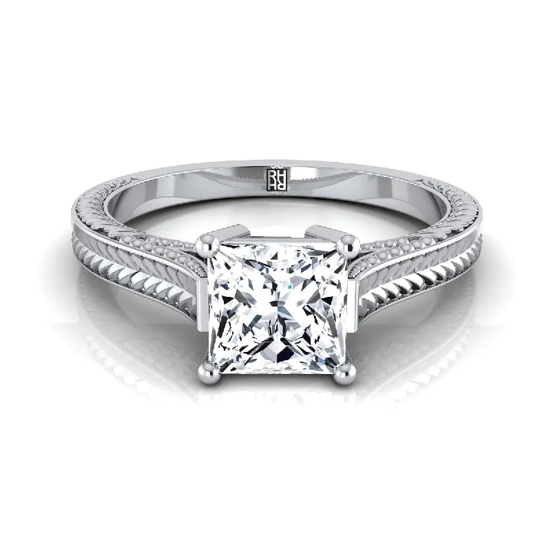 men’s engagement rings with bold designs-18K White Gold Princess Cut  Hand Engraved Vintage Cathedral Style Solitaire Engagement Ring