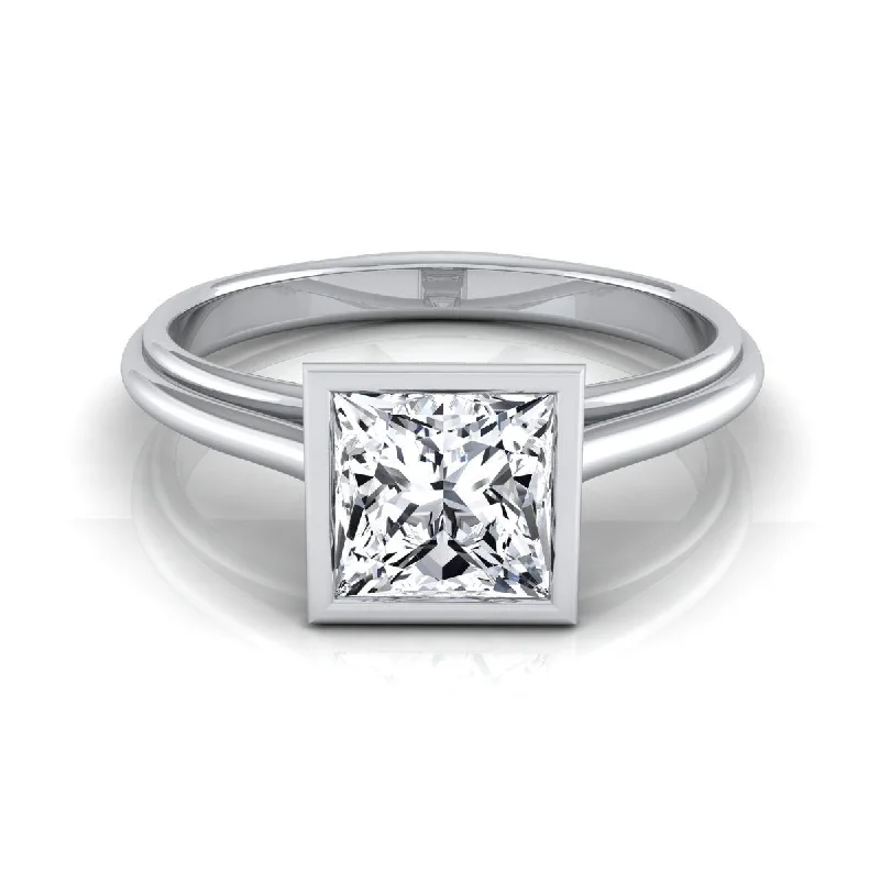 engagement rings with three-stone settings-18K White Gold Princess Cut  Bezel Halo Cathedral Solitaire Engagement Ring