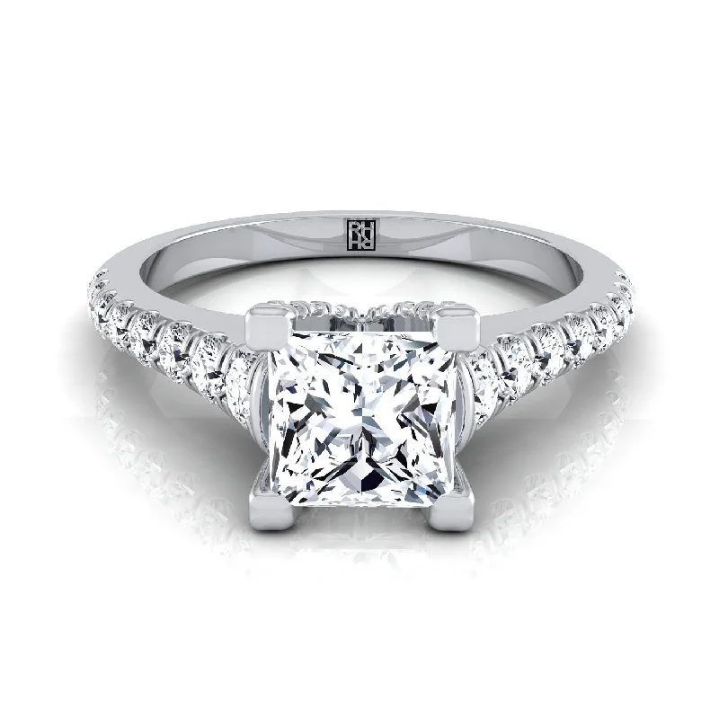 wedding bands with colored diamonds for women-Platinum Princess Cut Diamond Pave Prong Linear Engagement Ring -1/2ctw