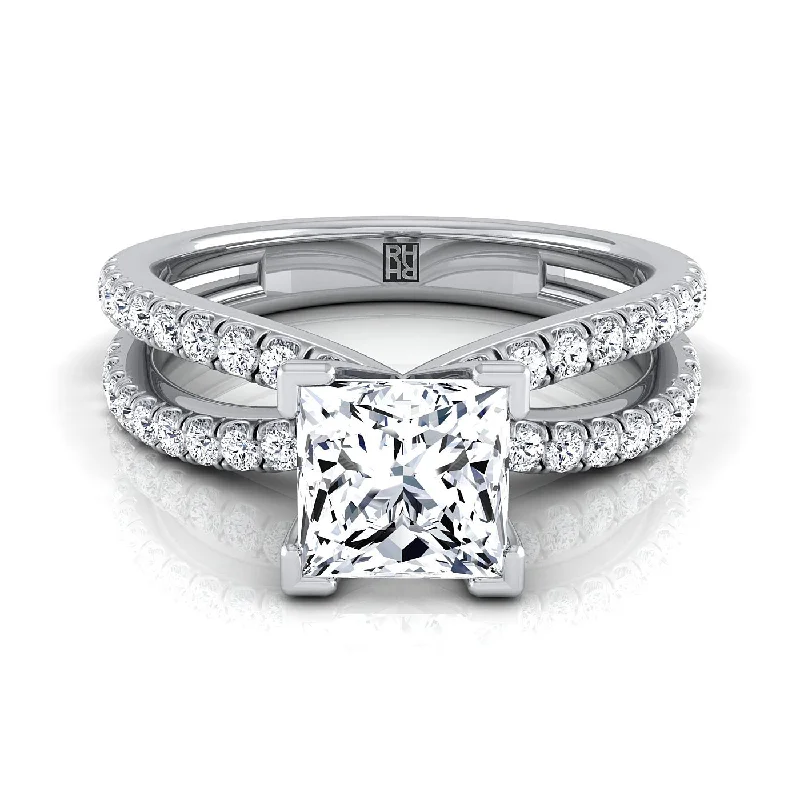 women’s wedding bands with three diamonds-Platinum Princess Cut Diamond Two Row Pavé Split Shank Engagement Ring -1/3ctw