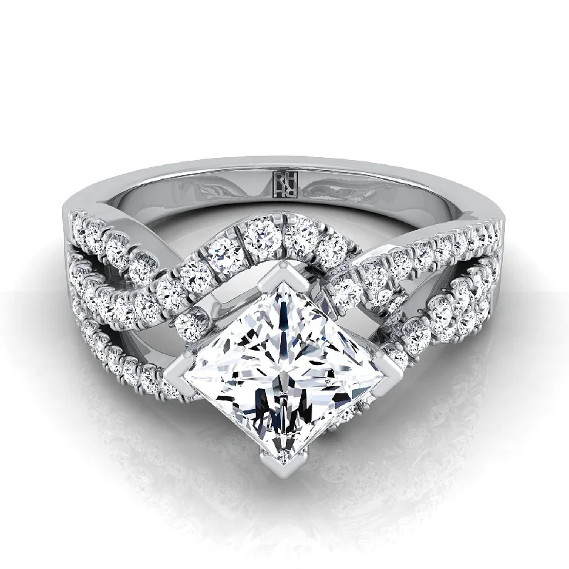 platinum engagement rings with halo designs-Platinum Princess Cut Bypass Twist French Pave Swirl Diamond Engagement Ring -1/2ctw