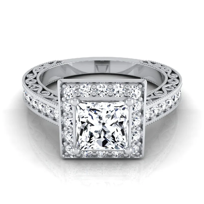 engagement rings for women with square diamonds-Platinum Princess Cut Hand-Engraved Delicate Diamond Milgrain Engagement Ring -1/2ctw