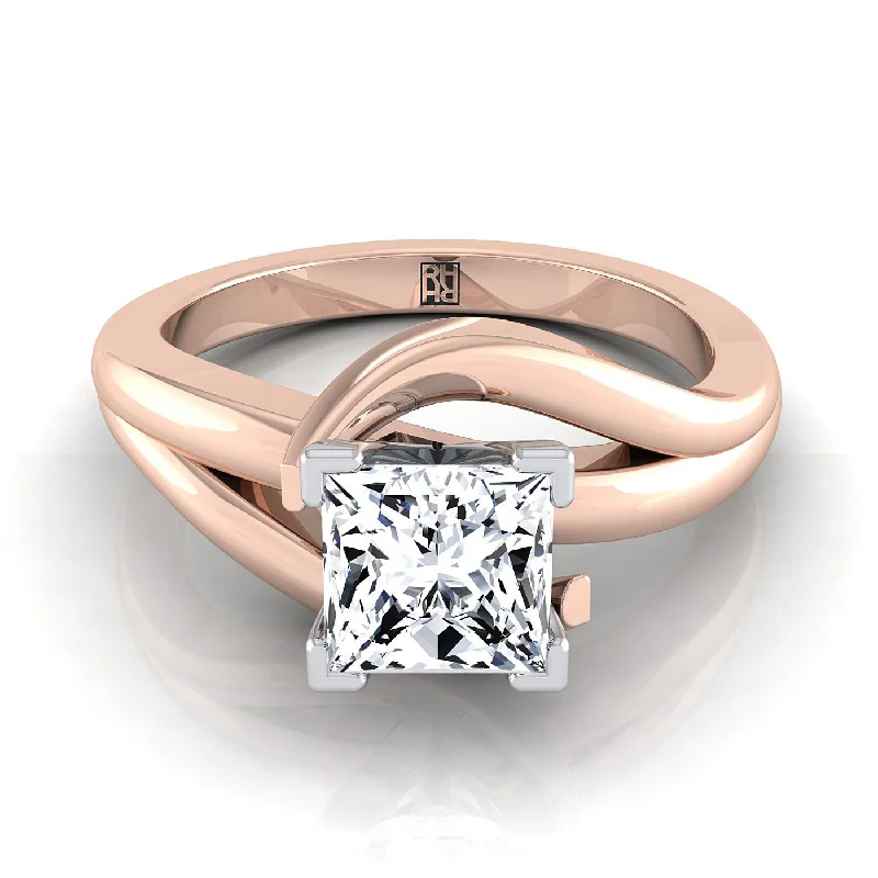 engagement rings with emerald side stones-14K Rose Gold Princess Cut  Asymetical Bypass Solitaire Twist Engagement Ring