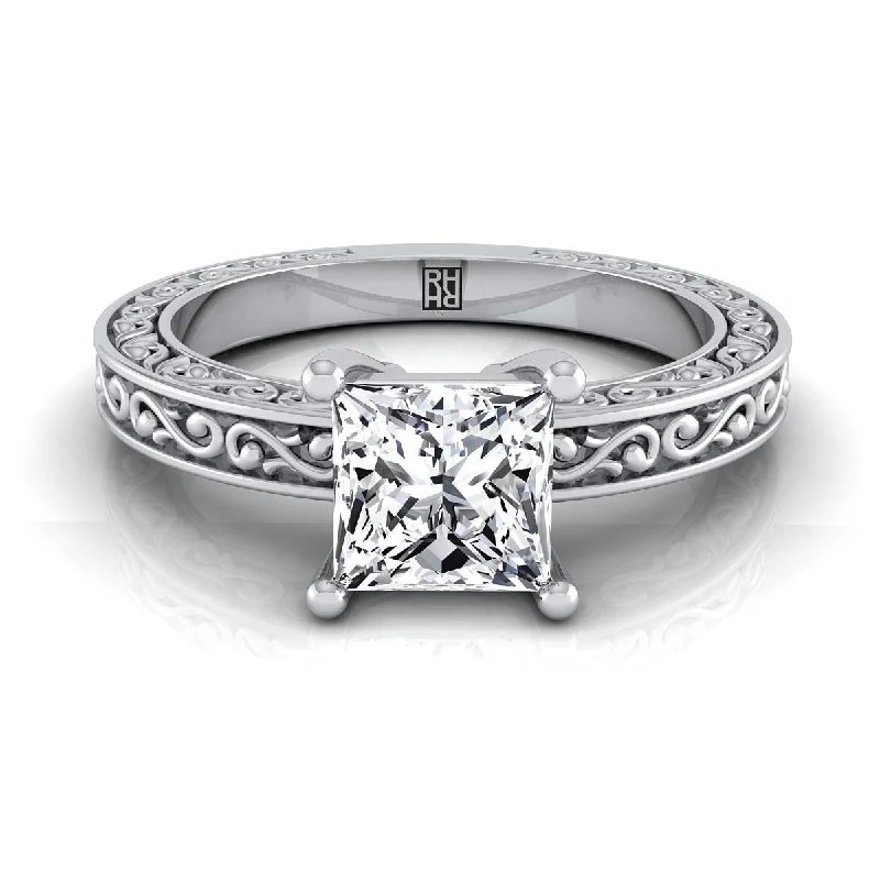 women’s diamond wedding rings with engraved bands-18K White Gold Princess Cut Hand Engraved Scroll Vintage Solitaire Engagement Ring