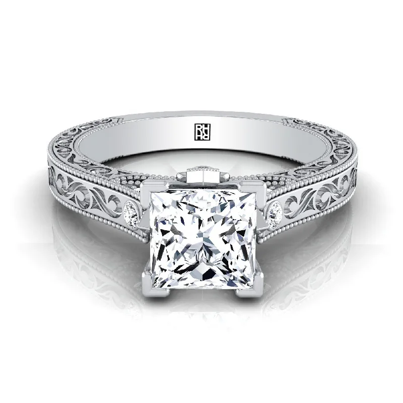 women’s wedding rings with round diamonds and sapphires-Platinum Princess Cut Delicate Diamond Accented Antique Hand Engraved Engagement Ring -1/10ctw