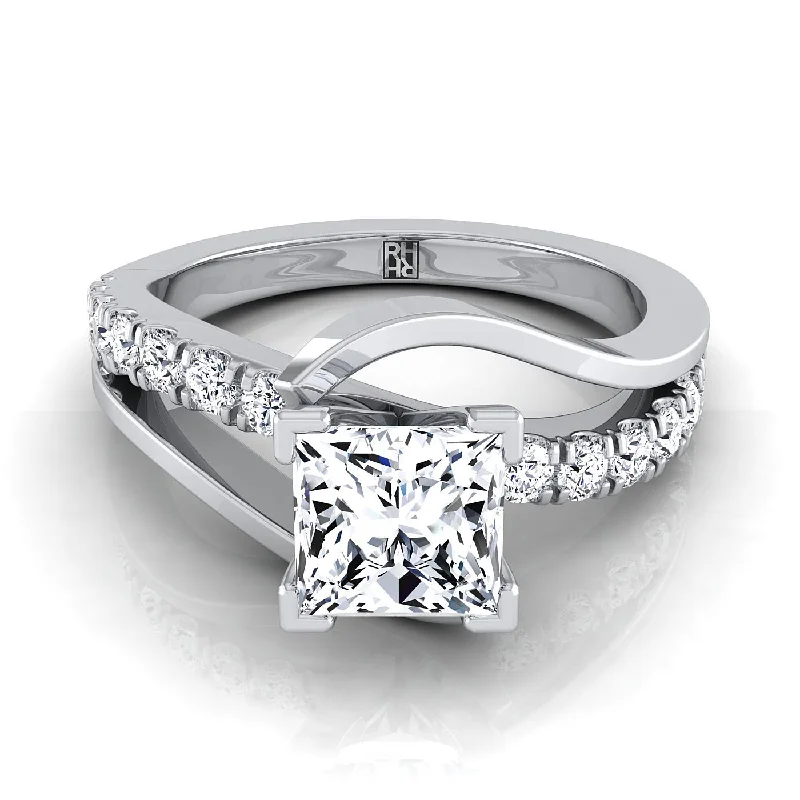 platinum rings for men with diamond accents-Platinum Princess Cut Unique Bypass Diamond Pave Swirl Engagement Ring -3/8ctw