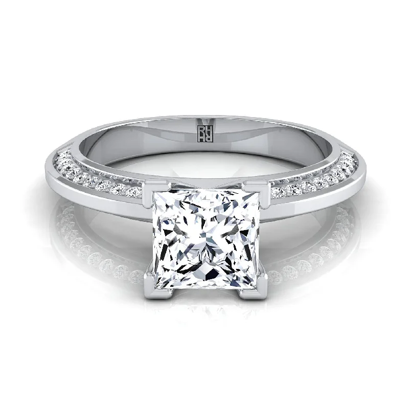 engagement rings with custom-cut gemstones-Platinum Princess Cut Diamond Knife Edge Micropave Engagement Ring -1/5ctw