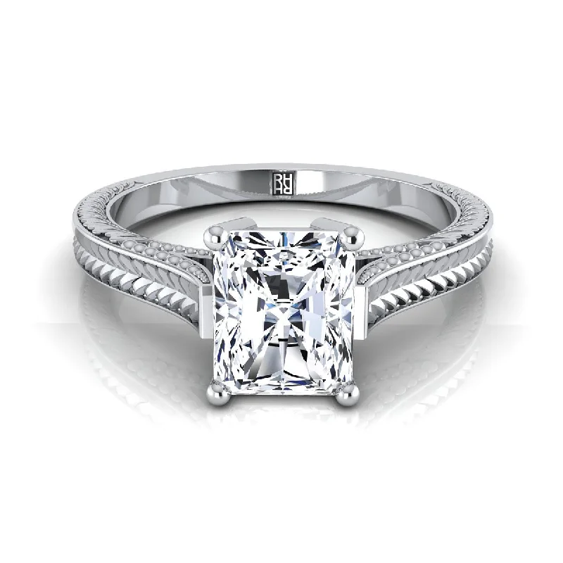 custom-designed diamond engagement rings for women-18K White Gold Radiant Cut Center  Hand Engraved Vintage Cathedral Style Solitaire Engagement Ring