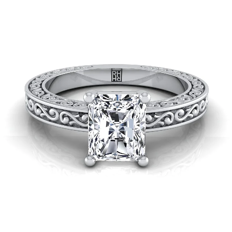 men’s engagement rings with princess-cut diamonds-18K White Gold Radiant Cut Center Hand Engraved Scroll Vintage Solitaire Engagement Ring