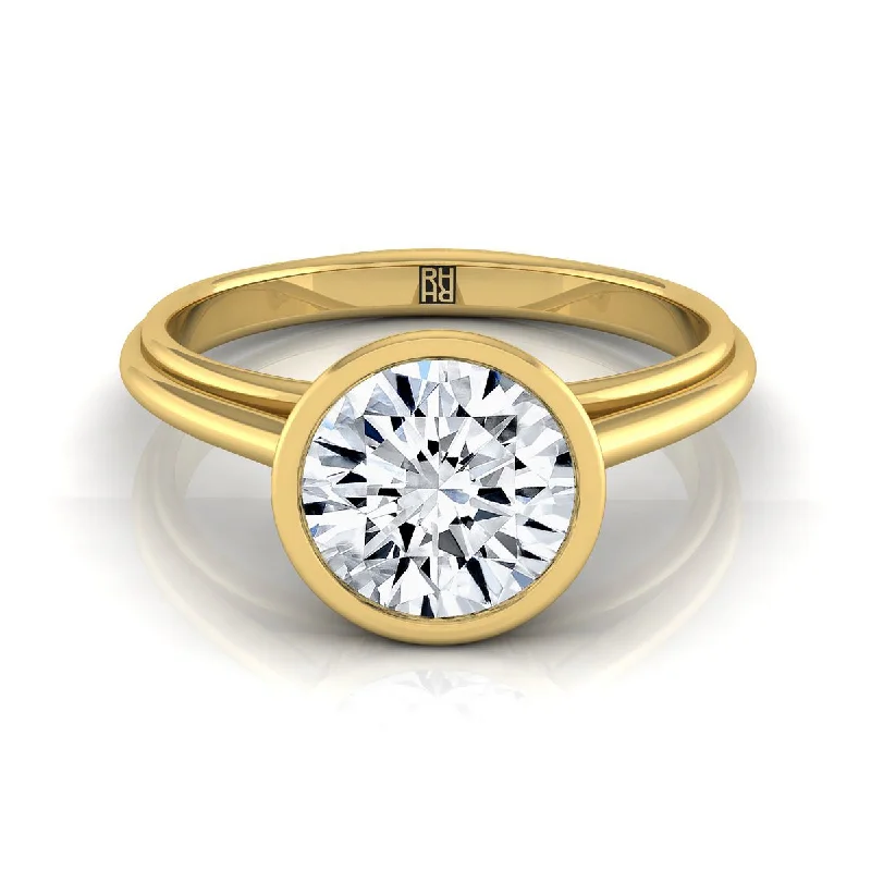 women’s wedding bands with cushion-cut diamonds-14K Yellow Gold Round Brilliant  Bezel Halo Cathedral Solitaire Engagement Ring