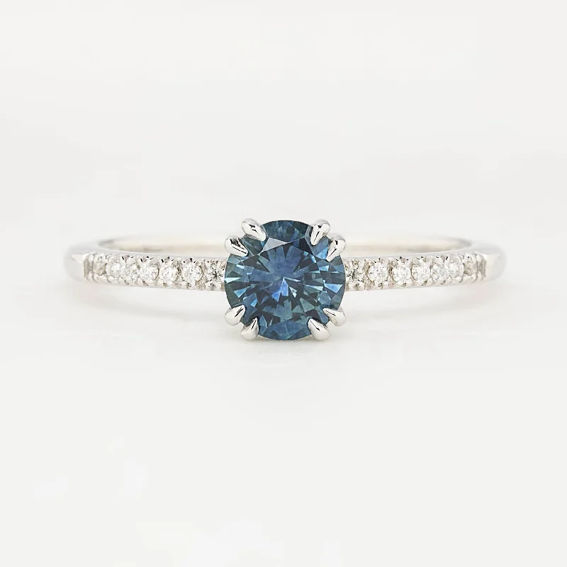 engagement rings with antique gold settings-Sabrina Ring 0.74ct Blue Montana Round Sapphire, 14k White Gold (One of a kind)