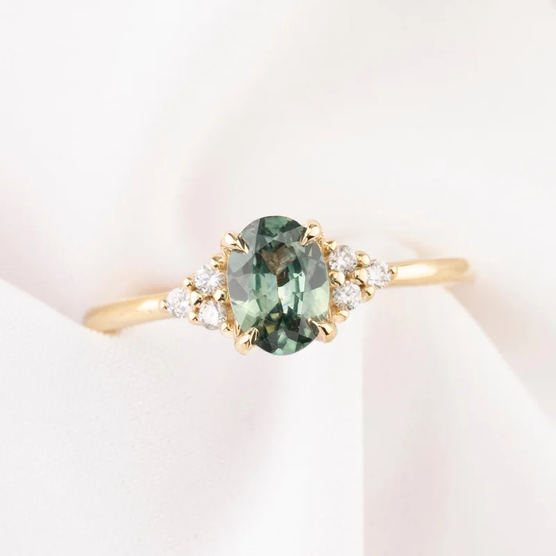 modern engagement rings with emerald diamonds-Teresa Ring 0.88ct Light Blue Green Montana Sapphire, 14k Yellow Gold (One of a kind)