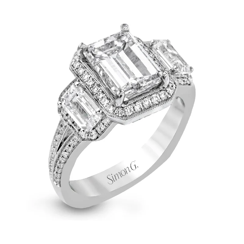 engagement rings for women with sapphire center-Emerald-Cut Three-Stone Halo Engagement Ring In 18k Gold With Diamonds