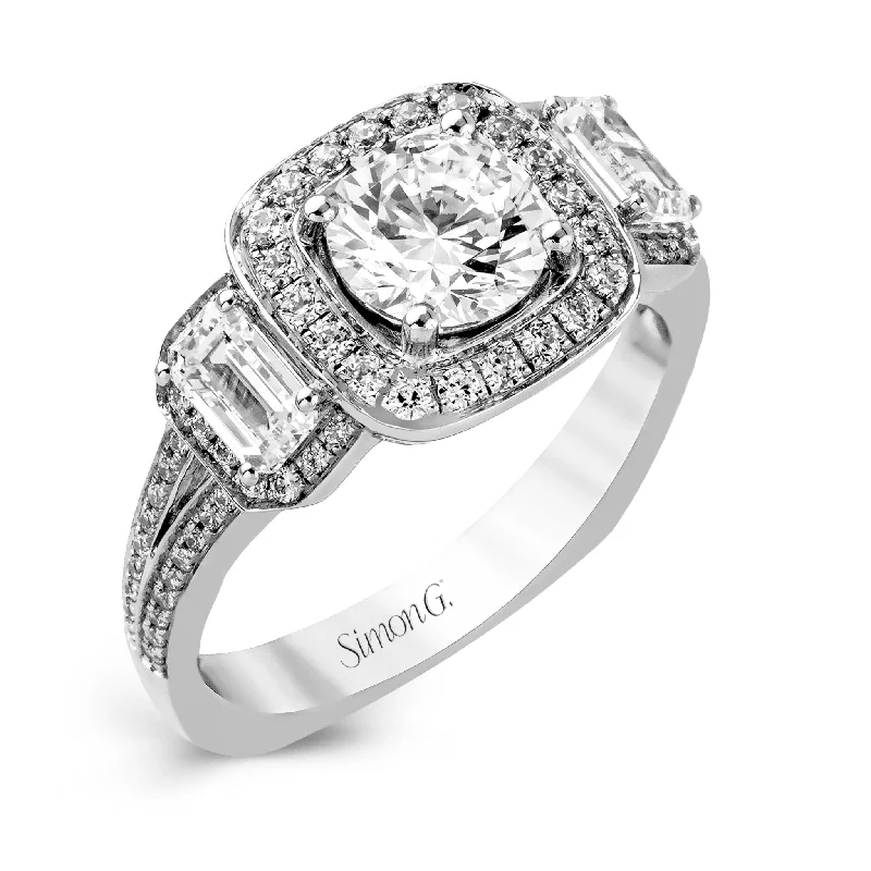 promise rings with diamond accents-Round-Cut Three-Stone Halo Engagement Ring In 18k Gold With Diamonds