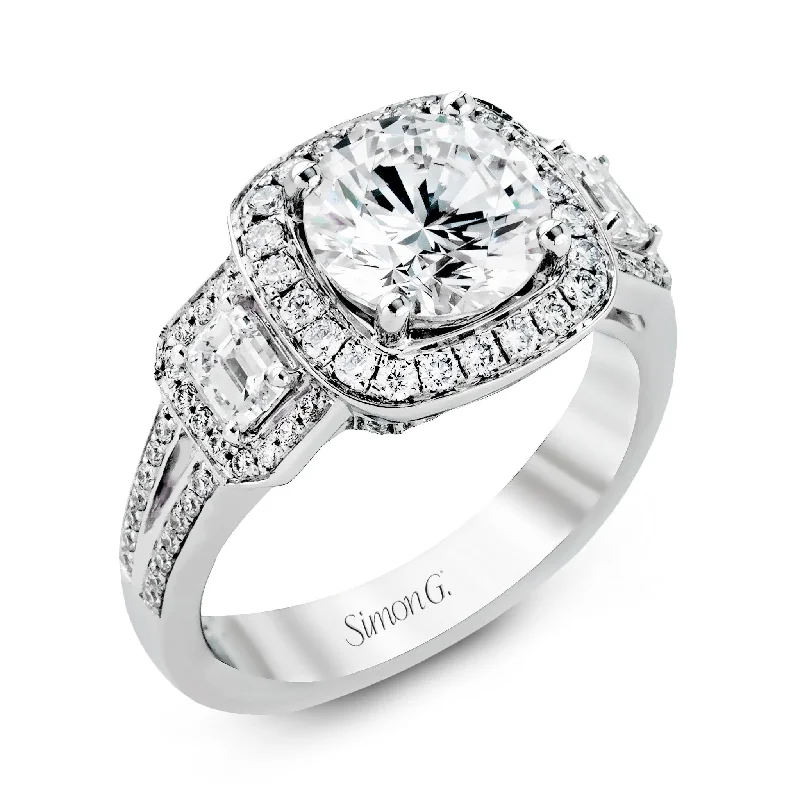 platinum wedding bands with round diamonds-Round-cut Three-Stone Halo Engagement Ring in 18k Gold with Diamonds