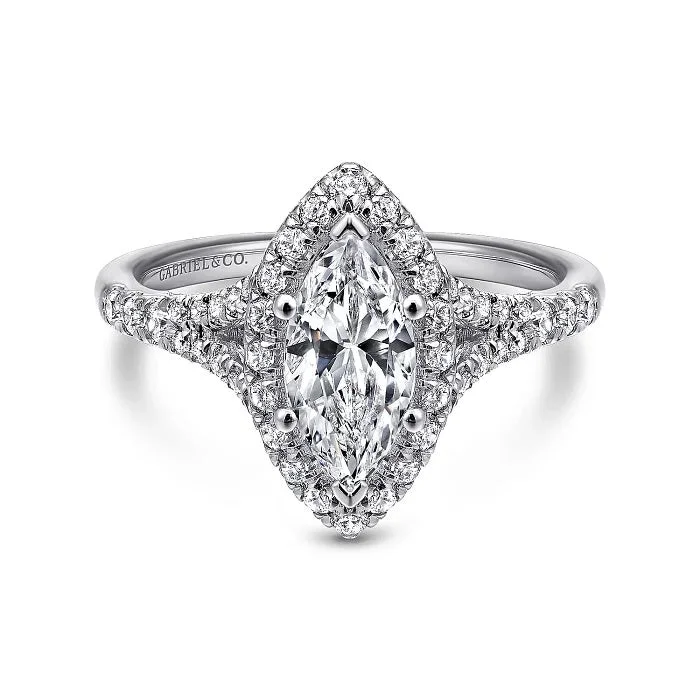 men’s silver rings with diamond inlays-Verbena - 14K White Gold Marquise Halo Diamond Engagement Ring