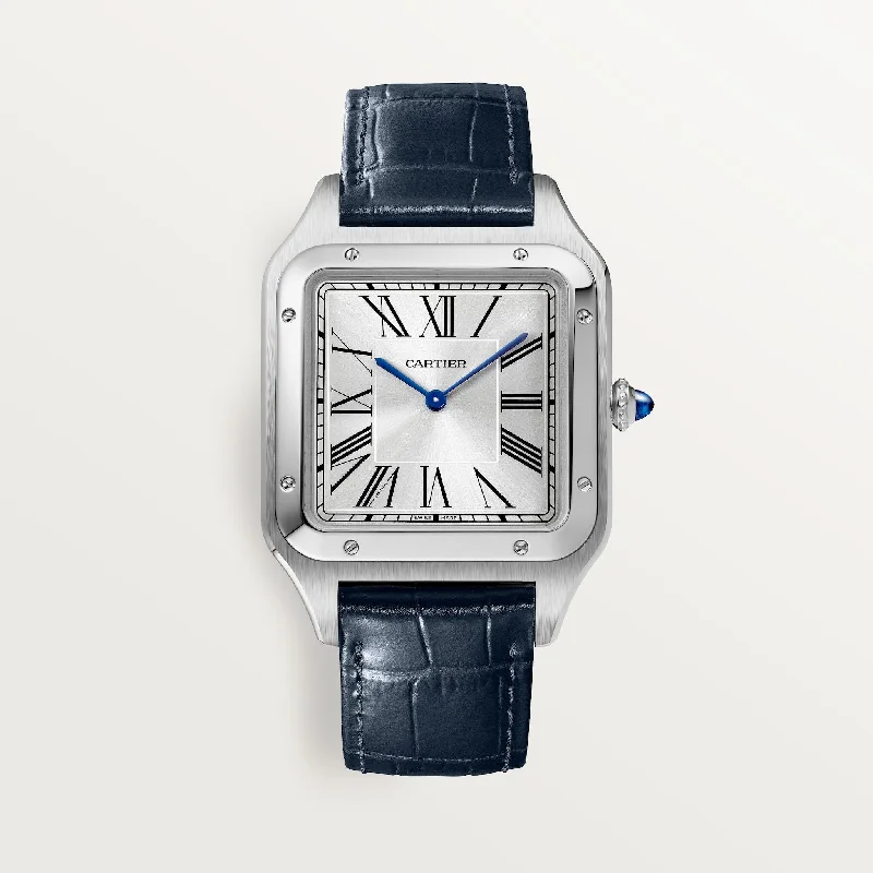 solar-powered watches with eco-conscious design-Cartier Santos-Dumont 46.6 mm WSSA0032 Silver Satin-Finish D Leather