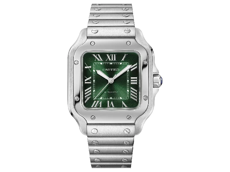 luxury watches with diamond accents for elegance-Cartier Santos Medium 35.1mm WSSA0061 Steel Roman Green Dial