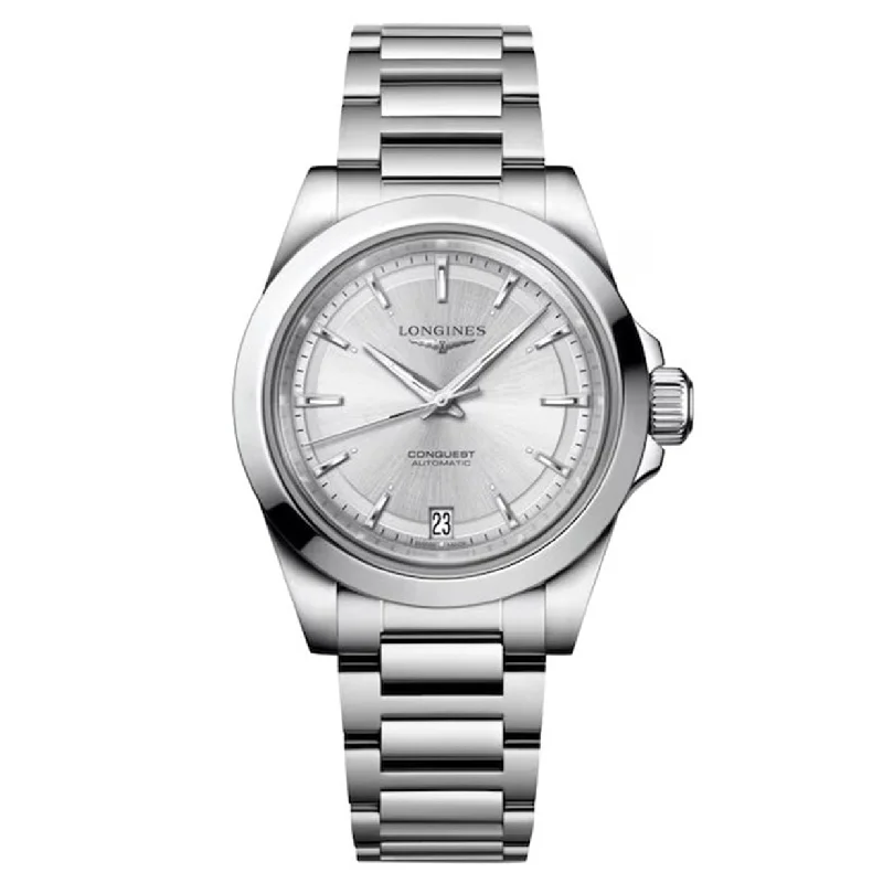 vintage wristwatches for men with mechanical movement-Longines Conquest Sunray Silver Dial Women 34mm