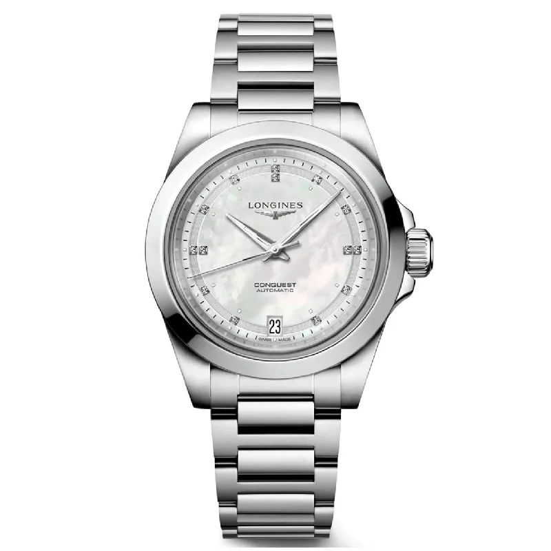 smartwatch for women with advanced health monitoring-Longines Conquest White Mother-Of-Pearl Dial Women 34mm