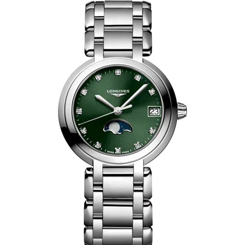 solar-powered watches with retro styling-Longines Primaluna Green Dial Women 30.50mm