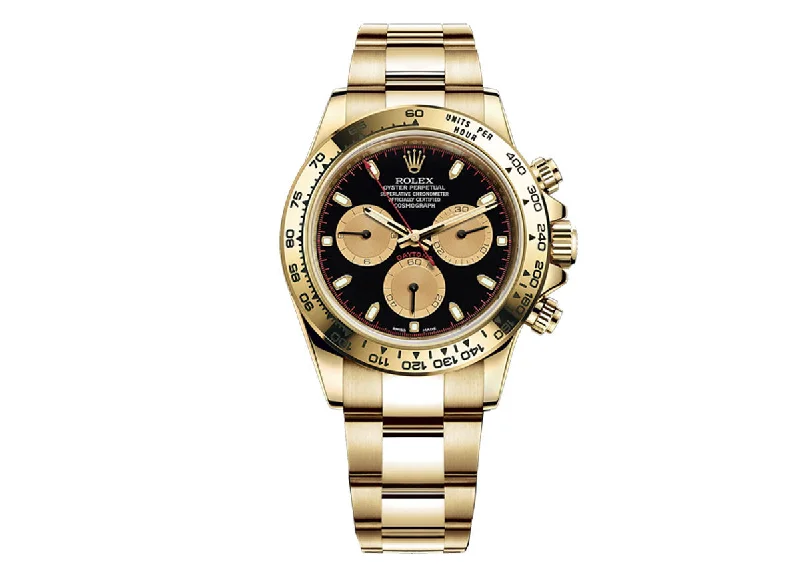 watches for travelers with world time display-Rolex Cosmograph Daytona 40mm 116508 Yellow Gold Oyster Black Dial