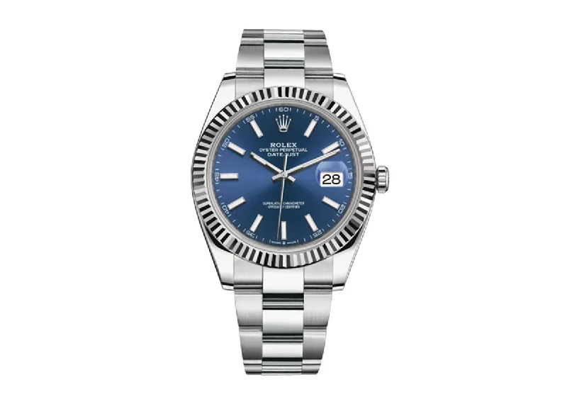 best waterproof watches for swimming and surfing-Rolex Datejust 41mm 126334 Oystersteel Fluted Bright Blue Dial