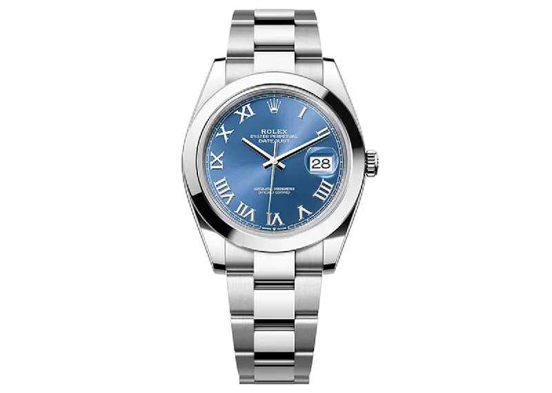 watches for outdoor sports with built-in altimeter and barometer-Rolex DateJust 41mm 126300 Oystersteel Azzurro Blue Roman Dial