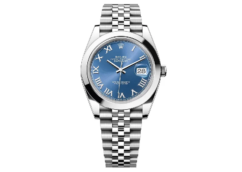 waterproof fitness watches with heart rate tracking-Rolex DateJust 41mm 126300 Oystersteel Jubilee Roman Azzurro Blue Dial