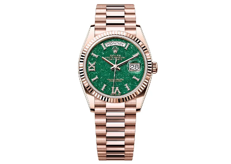 best diving watches for beginners with clear dials-Rolex Day-Date 36mm 128235 Rose Gold President Green Aventurine Diamond Dial