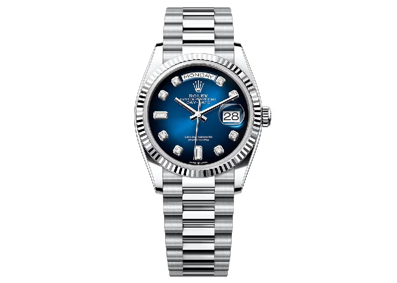 watches with date and day function for convenience-Rolex Day-Date 36mm 128236 Platinum President Blue Ombre Diamond Dial