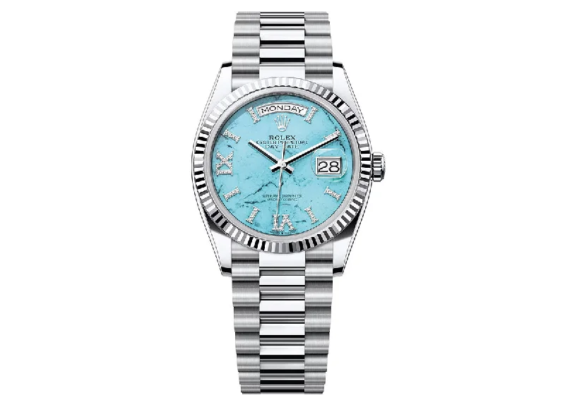 watches for extreme sports with shockproof design-Rolex Day-Date 36mm 128236 Platinum President Diamond-Set Turquoise Dial