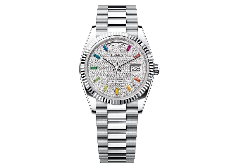 luxury watches with mother-of-pearl dial for elegance-Rolex Day-Date 36mm 128236 Platinum President Fluted Bezel Diamond-Paved Dial