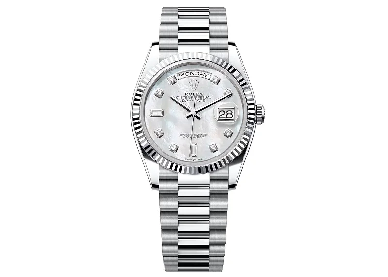 fitness trackers with heart rate and step tracking-Rolex Day-Date 36mm 128236 Platinum President Fluted Mother-of-Pearl Dial