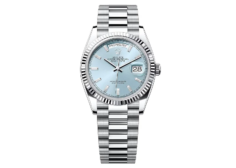 stylish watches for women with diamond accents-Rolex Day-Date 36mm 128236 Platinum President Ice Blue Dial