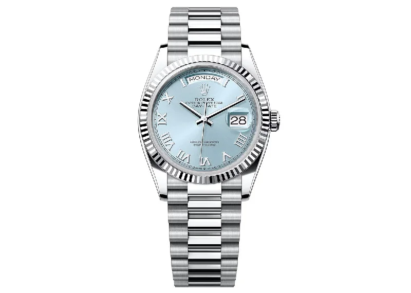 smartwatches with fitness and productivity features-Rolex Day-Date 36mm 128236 Platinum President Ice Blue Roman Dial