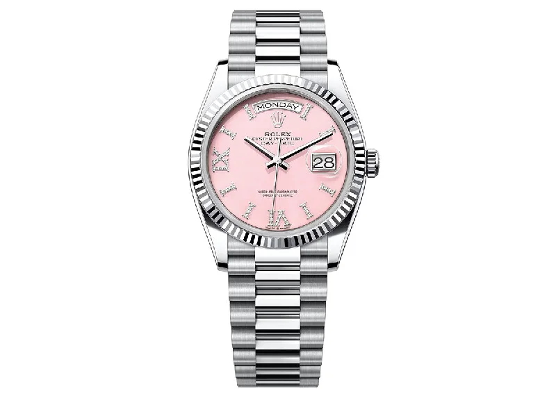 vintage men’s watches with automatic movement-Rolex Day-Date 36mm 128236 Platinum President Opal Pink Diamond Dial